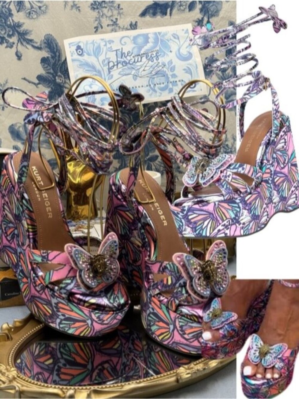 🆕 KURT GEIGER LONDON 🧿 NWOB Butterfly Wedge Heel with Ties, Sz 37 US 7